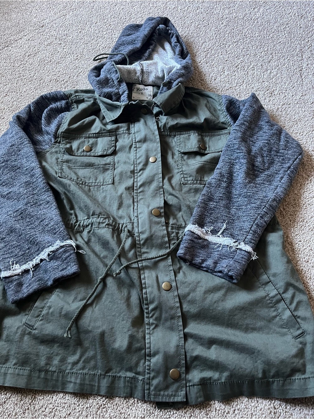 Mudd Olive Utility Jacket with Gray Knit Hood & Sleeves